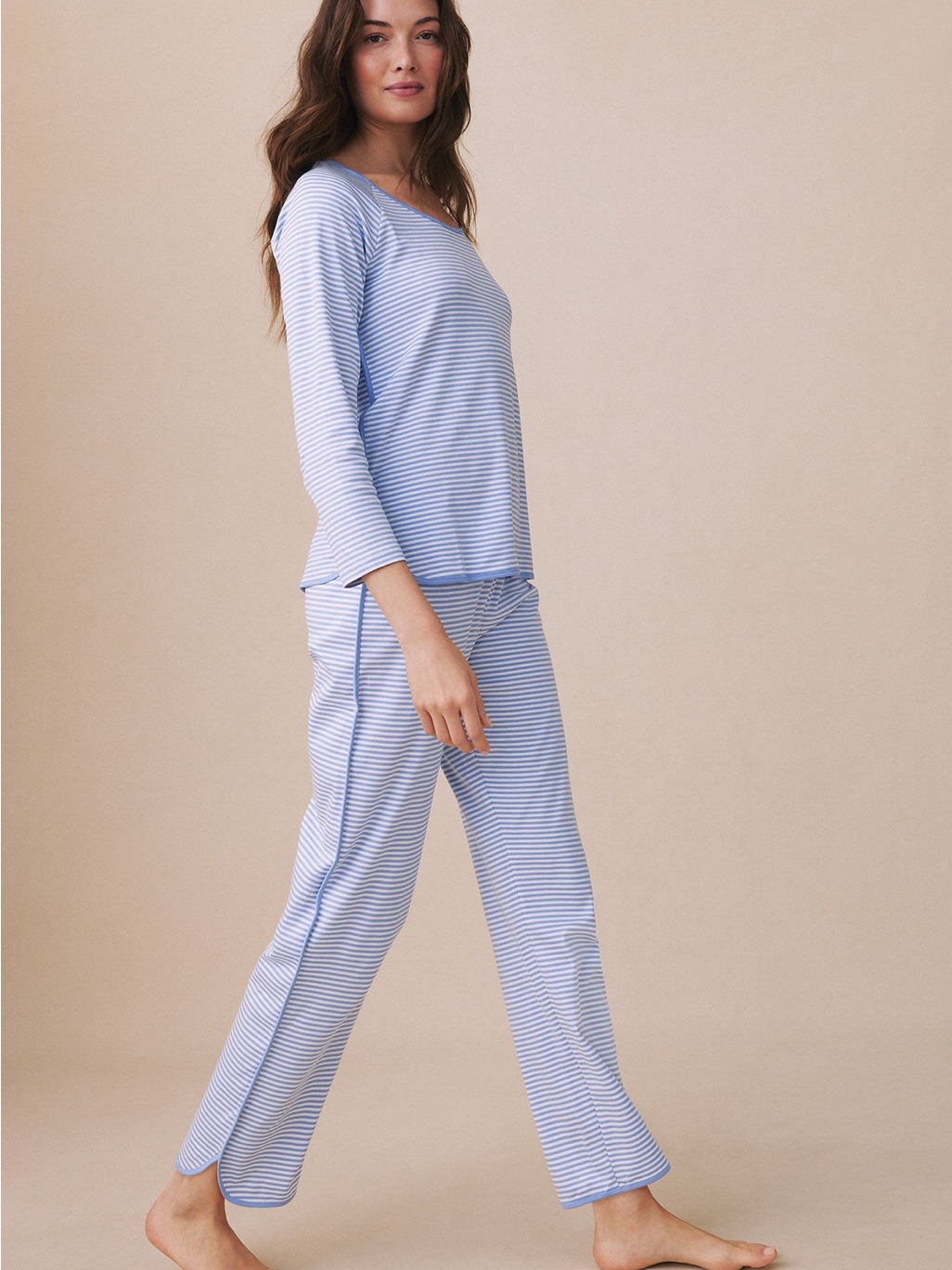 Lake Pima Cotton Long-Long Pajama Set Hydrangea Preppy Blue Stripe Nwt Large